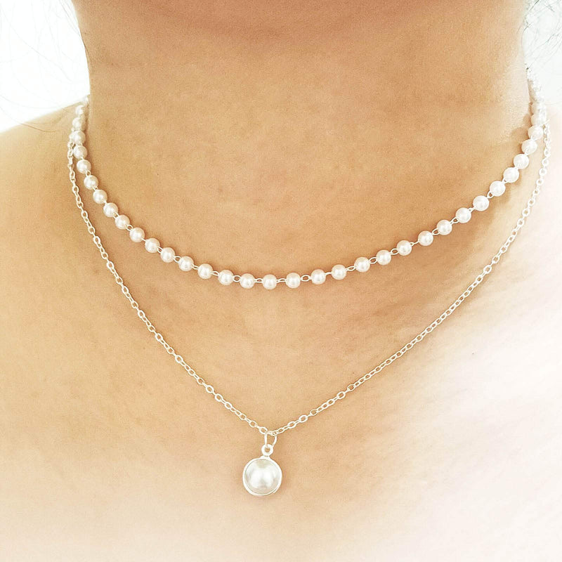 Faux Pearl Pendant Necklace Boho Artificial 2 Layers Pearl Necklace Chain Jewelry for Women Girls (Silver) Silver - BeesActive Australia