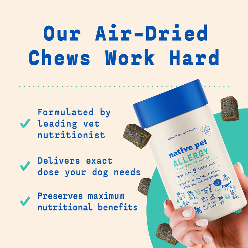 Native Pet Dog Allergy Relief | Natural Allergy Medication for Dog | Probiotics for Dogs Itchy Skin + Colostrum + Spirulina | Clean Label Dog Allergy Chews | Dog Probiotics for Allergies 100 count - BeesActive Australia