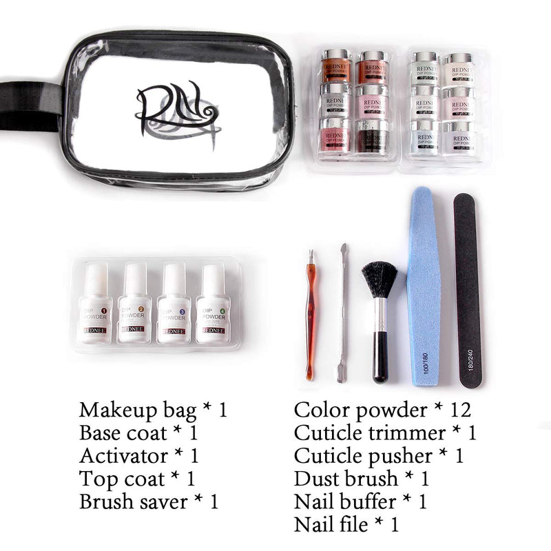 REDNEE 21pcs Dip Powder Nail Kit 12 Colors with Base Top Coat Activator Tools Travel Set - RE12 Vintage & Casual Color - BeesActive Australia