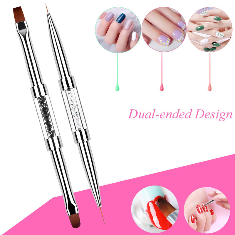 Ycyan 2Pcs Dual-ended Nail Design Brushes Rhinestone Handle UV Gel Nail Brush Set Professional Nail Art Tools - BeesActive Australia