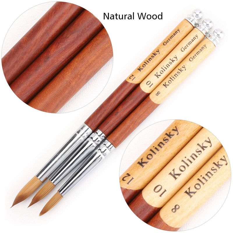 Tecbeauty 3-Pack Professional Acrylic Nail Brush for Application Acrylic Powder Painting, Kolinsky Hair, Wood Handle,Size#8#10#12 3pcs #8 10 12 - BeesActive Australia