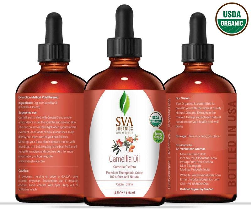 SVA Organics Camellia Oil Organic USDA 4 Oz Pure Natural Cold Pressed Carrier Oil for Skin Care, Hair, Face Cleanser, Shampoo - BeesActive Australia