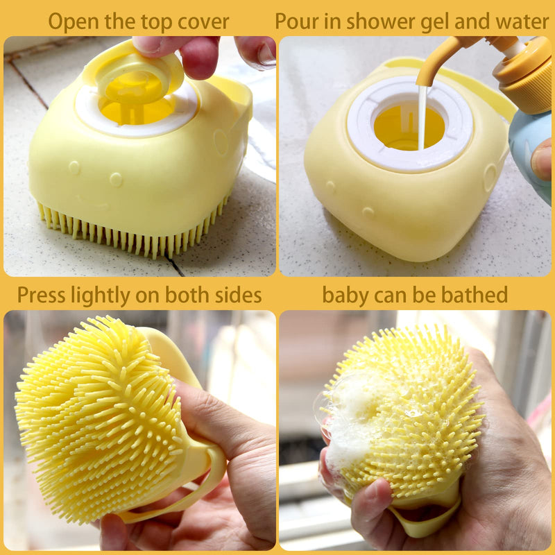 Dog Bath Brush, Pet Massage Brush Shampoo Dispenser, Soft Silicone Brush Rubber Bristle for Dogs and Cats Shower Grooming (Yellow) Yellow - BeesActive Australia
