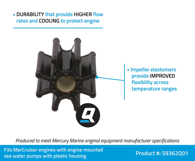 Quicksilver 59362Q01 Sea Water Pump Impeller - MerCruiser Engines with Engine Mounted, Two-Piece, Plastic Housing - BeesActive Australia