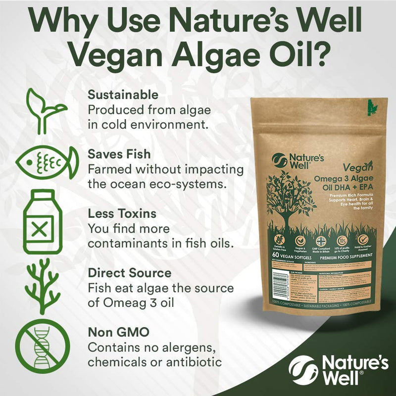 Vegan Omega 3 Algae Oil DHA + EPA, High Concentrate, 60 Vegetarian Capsules, from Sustainable Plant Based Alternative to Fish Oils, Halal & Kosher � Made in The UK by Nature�s Well (Pouch) - BeesActive Australia