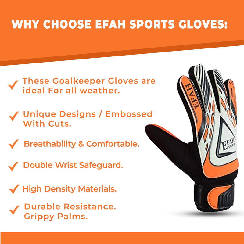 EFAH SPORTS Soccer Goalie Goalkeeper Gloves for Kids Boys Children Football Gloves with Strong Grips Palms Size 8 suitable for size M-L adult Black/Orange - BeesActive Australia