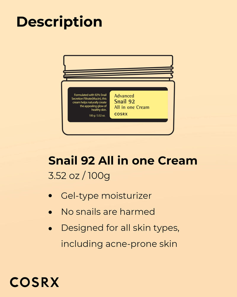 COSRX Snail Mucin 92% Repair Cream 3.52 oz, Daily Face Gel Moisturizer for Dry Skin, Sensitive Skin, Not Tested on Animals, No Parabens, No Sulfates, No Phthalates, Korean Skincare (Small, 3.52 OZ) 3.52 Ounce (Pack of 1) - BeesActive Australia