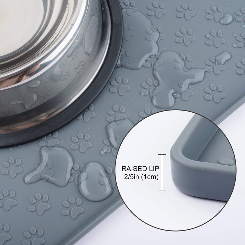 Coomazy Dog Cat Pet Feeding Mat, Silicone Waterproof Food Mat 0.4inch Raised Edges, Nonslip Pet Placemat Bowl Tray to Stop Food Spills and Water Messes Out to Floor M: 48x30cm/18.9x11.8in Grey - BeesActive Australia
