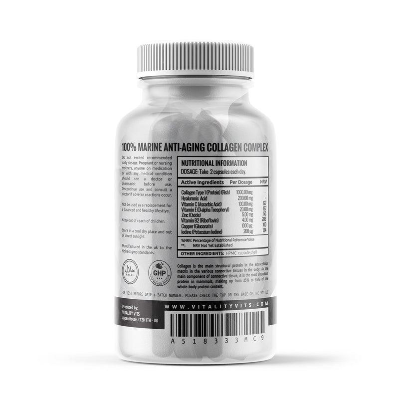 Marine Collagen Complex - High Strength Capsules for Hair, Skin, Nails & Joint Support - Vitamins B2 C & E - BeesActive Australia