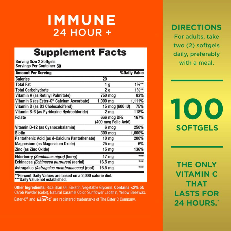 Nature's Bounty Immune 24 Hour +, 24 Hour Immune Support From Ester C, 100 Rapid Release Softgels, 100 Count 1000mg, 100CT - BeesActive Australia