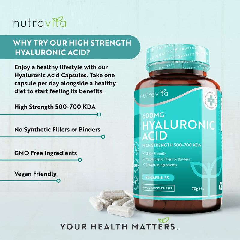 Hyaluronic Acid Capsules - 3 Month Supply of 600mg Hyaluronic Acid Capsules - High Dose with 500-700 KDA - GMO Free with No Synthetic Fillers or Binders - Made in The UK by Nutravita 90 Capsules - BeesActive Australia