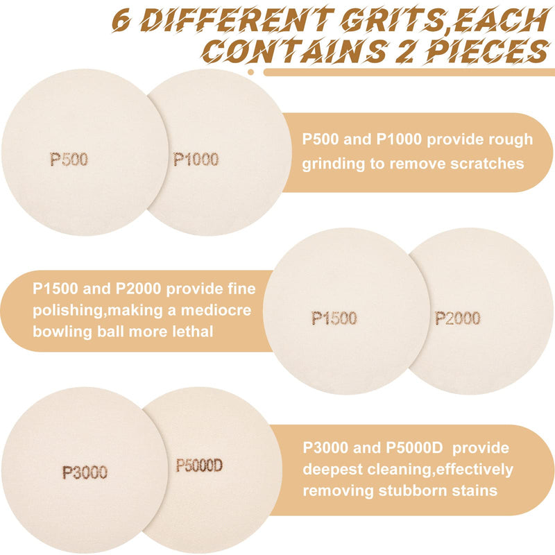 Maitys 12 Pieces Bowling Sanding Pads Round Bowling Ball Round Spinner Bowling Ball Sand Pads Resurfacing Polishing Cleaning Kit, (White, P500, P1000, P1500, P2000, P3000, P5000 Grit) - BeesActive Australia