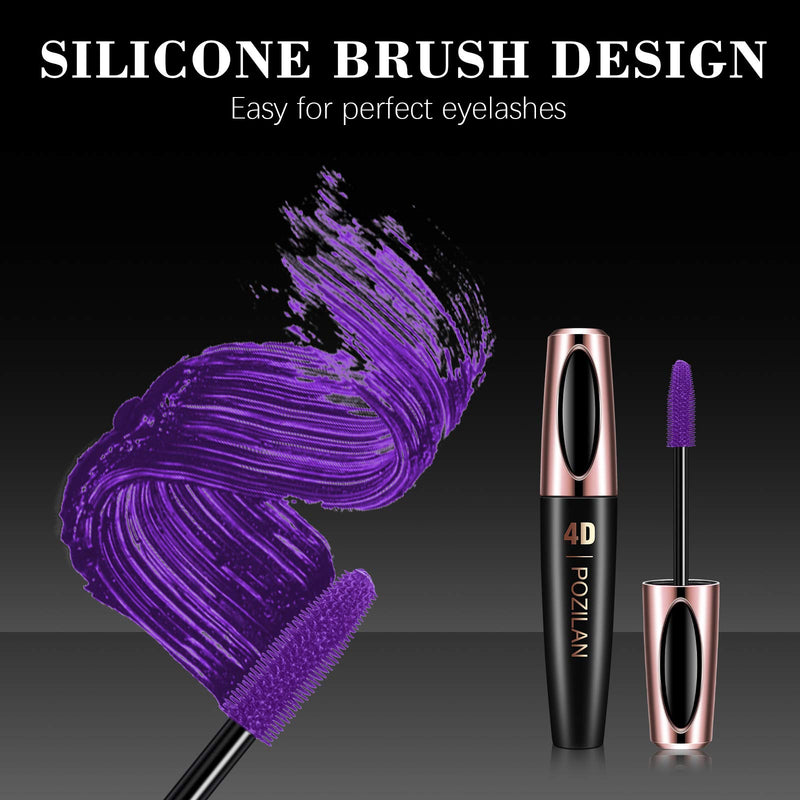 POZILAN 4D Silk Fiber Lash Mascara Waterproof Purple with Folding Eyelash Comb Brush - Lengthening, Volumizing, Long-Lasting, Natural Eye Makeup (02 Purple) - BeesActive Australia