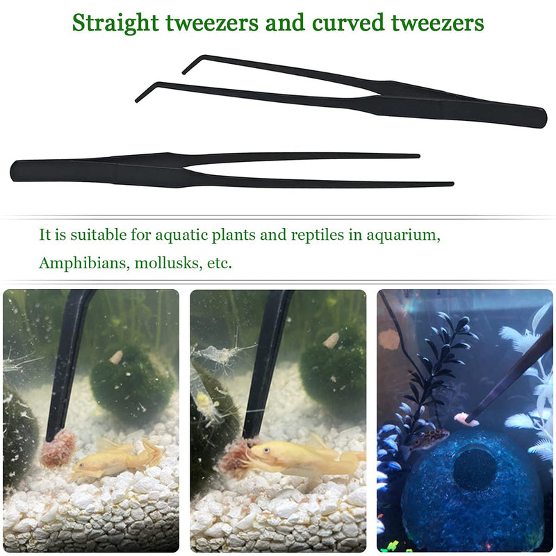 2 Pcs Feeding Tongs, Aquarium Tweezers Stainless Steel Straight and Curved Tweezers Set 27cm/10.6 inches Aquascaping Tools for Hold Worms, Reptiles, Lizards, Bearded Dragon (Black) - BeesActive Australia