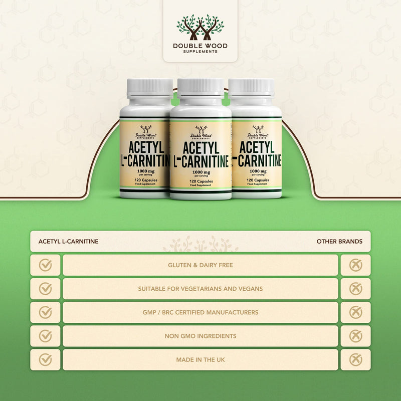 DW Acetyl L-Carnitine Capsules | 120 High Strength L Carnitine Supplements - 1000mg per Serving | Non-GMO & Gluten Free | Manufactured in the UK 120 Capsules - BeesActive Australia