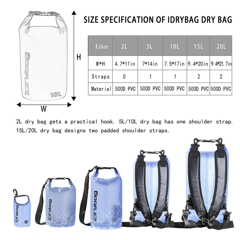 [AUSTRALIA] - IDRYBAG Clear Dry Bag Waterproof Floating 2L/5L/10L/15L/20L, Lightweight Dry Sack Water Sports, Marine Waterproof Bag Roll Top for Kayaking, Boating, Canoeing, Swimming, Hiking, Camping, Rafting Blue 