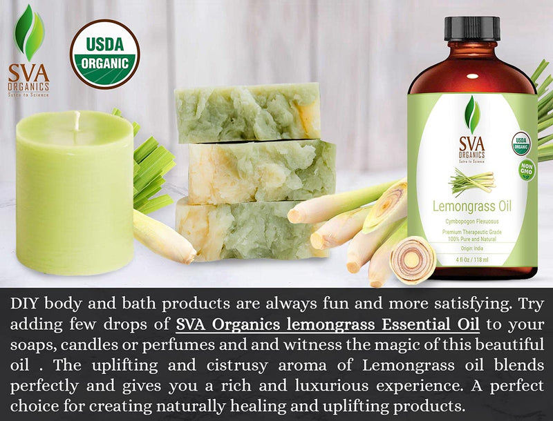 SVA Organics Lemongrass Oil Organic USDA 4 Oz 100% Pure Natural Undiluted Premium Therapeutic Grade Oil for Diffuser, Aromatherapy, Skin, Face & Hair - BeesActive Australia