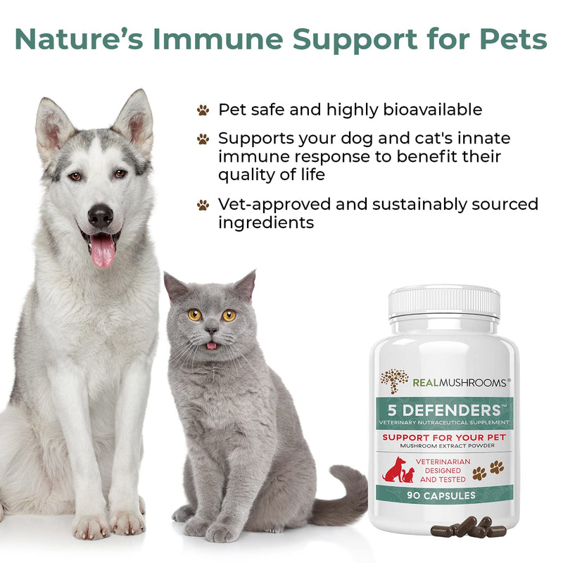 Real Mushrooms 5 Defenders for Pets (90ct) and Lions Mane for Pets (120ct) - Bundle for Immune Strength & Cognition - Vegan, Non-GMO, Gluten-Free, Grain-Free Mushroom Pet Supplements - BeesActive Australia