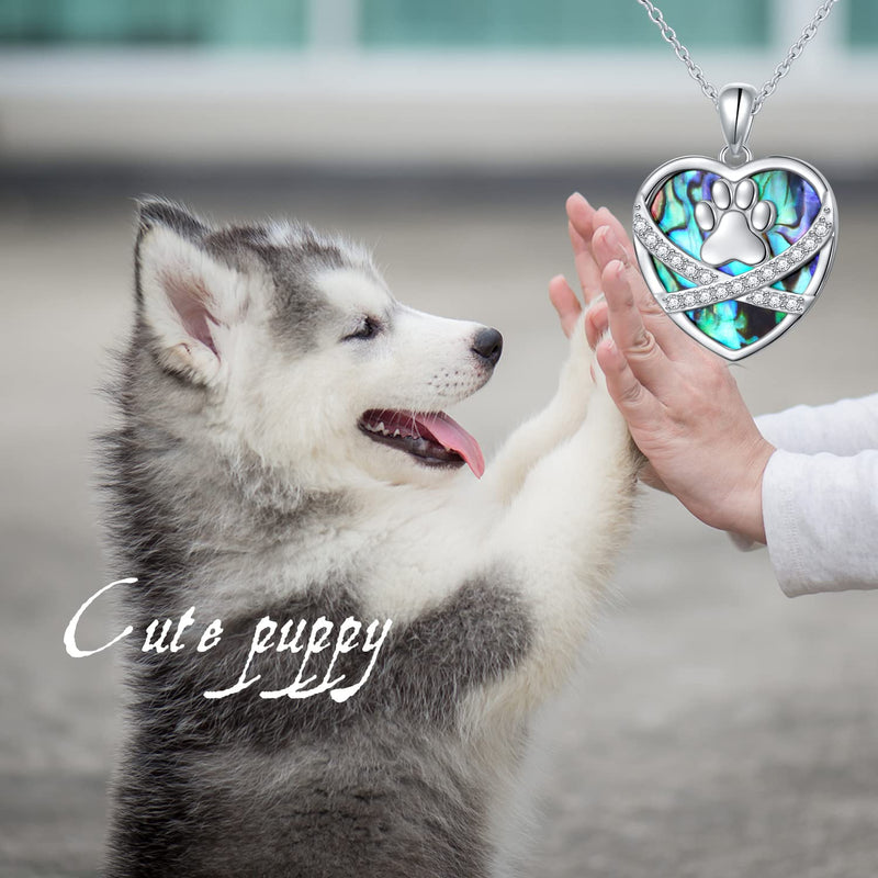 S925 Sterling Silver Puppy Dog Cat Pet Paw Print Love Heart Pendant Necklace 18 inches Pet Paw Print-Abalone Shell - BeesActive Australia