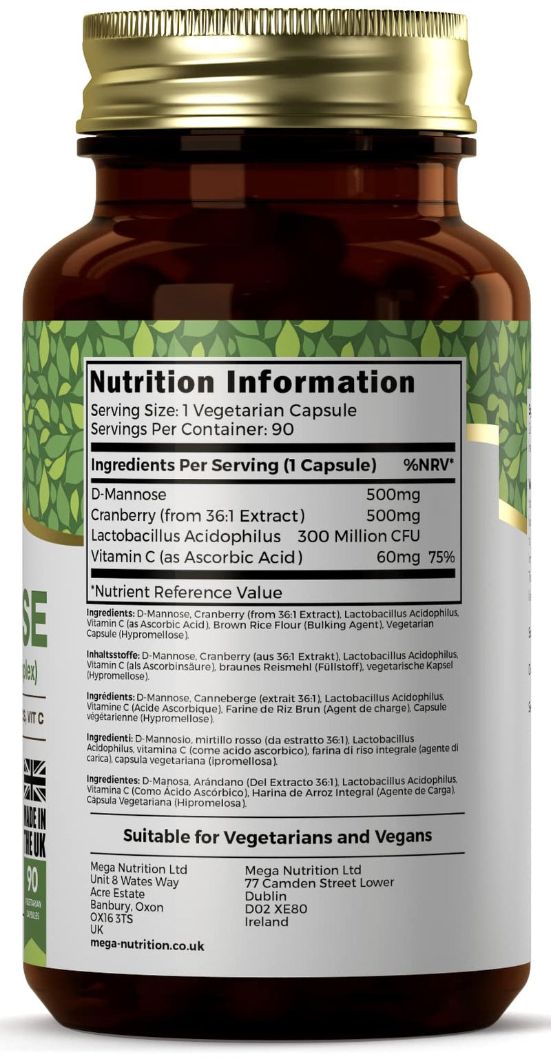 Ezyleaf CrannBose D Mannose Capsules + Probiotics CrannBerry Extract Vitamin C | 90 DMannose Capsules | D-Mannose 500mg, Lactobacillus Acidophilus Probiotic | Vegan & Allergen Free | UK ISO Certified - BeesActive Australia