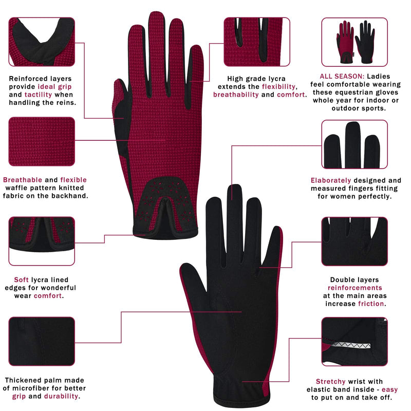 ChinFun Women Horse Riding Gloves Ladies Laser Flower Pattern Anti-Slip Equestrian Gloves Stretchable Sweat Absorbing Summer Winter Outdoor Sports Mittens Wine Red Large - BeesActive Australia