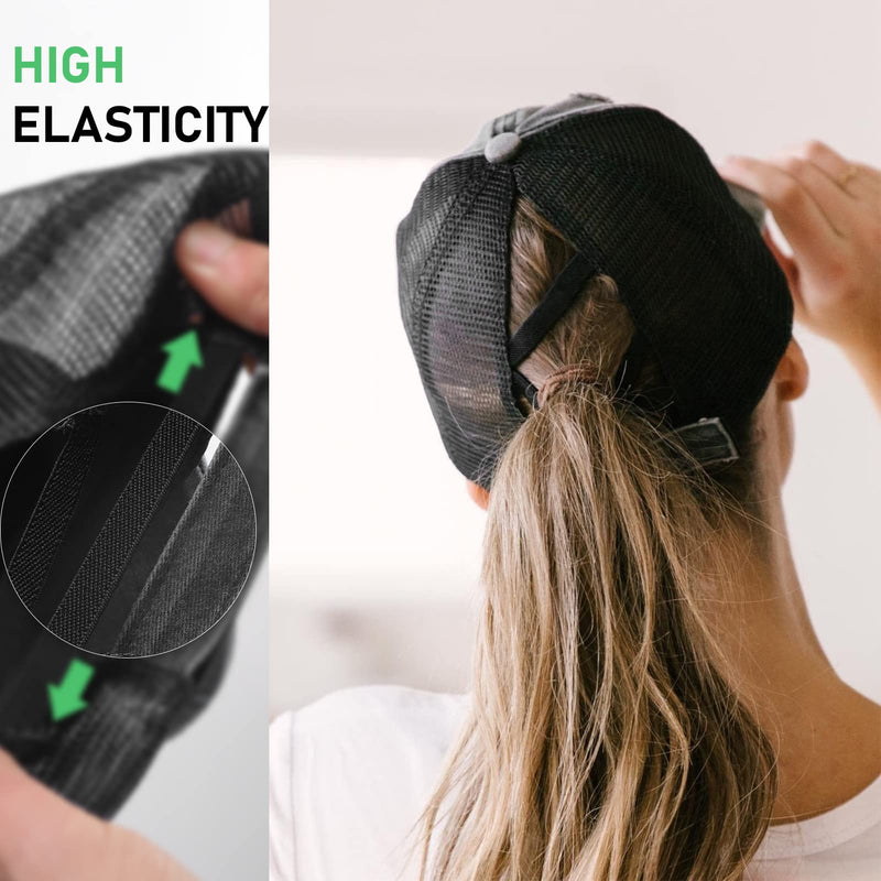 Criss Cross Ponytail Baseball Cap for Women Trucker Hats Mesh Adjustable High Messy Bun Ponycap Washed Distressed Dad Hat Black One Size - BeesActive Australia