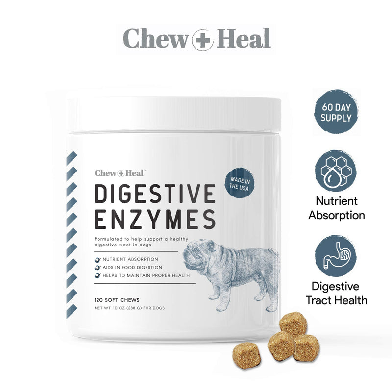 Chew + Heal Digestive Enzymes with Probiotics for Dogs - 120 Soft Chew Treats - Supports Healthy Digestive Tract, Helps Nutrient Absorption, Food Digestion, and Health Maintenance - Made in The USA - BeesActive Australia