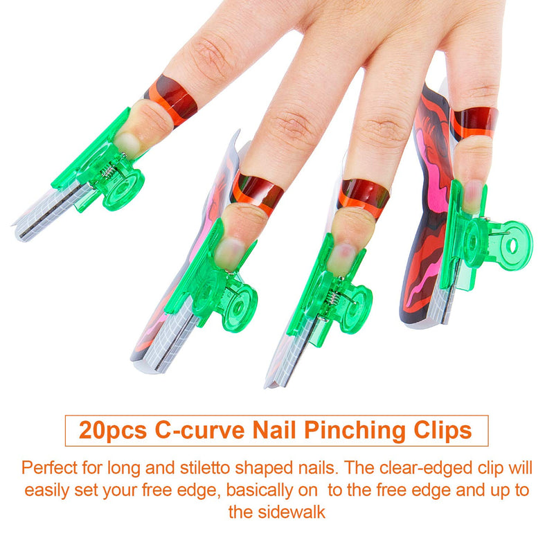 20 Pieces C Curve Nail Pinching Clips Plastic Bulldog Clips Multi-function Nail Art Accessories for Nail Fiberglass Extension and Fixation, 4 Colors - BeesActive Australia