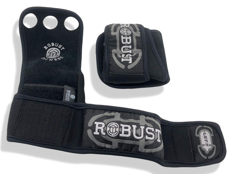 ROBUST FITNESS Genuine Leather Hand Grips for Cross-Training, Pull-ups, Weightlifting, WODs with Neoprene Wrist warps. Palm Shield from Rips & Blisters. Black Large - BeesActive Australia