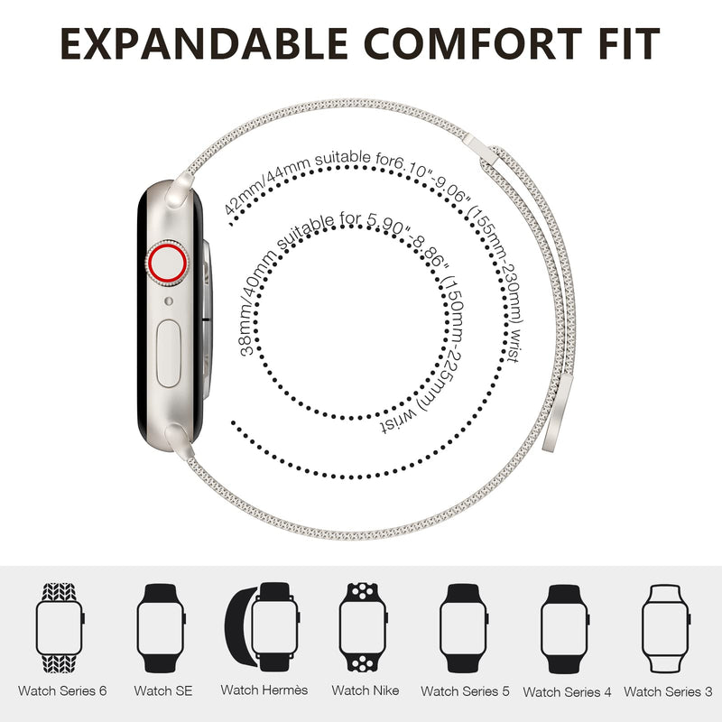 OULUOQI Compatible with Apple Watch Band 38mm 40mm 42mm 44mm Women and Men,Stainless Steel Mesh Loop Magnetic Clasp Replacement for iWatch Band Series SE 7 6 5 4 3 2 1. (Starlight, 38mm/40mm/41mm) A-Starlight - BeesActive Australia