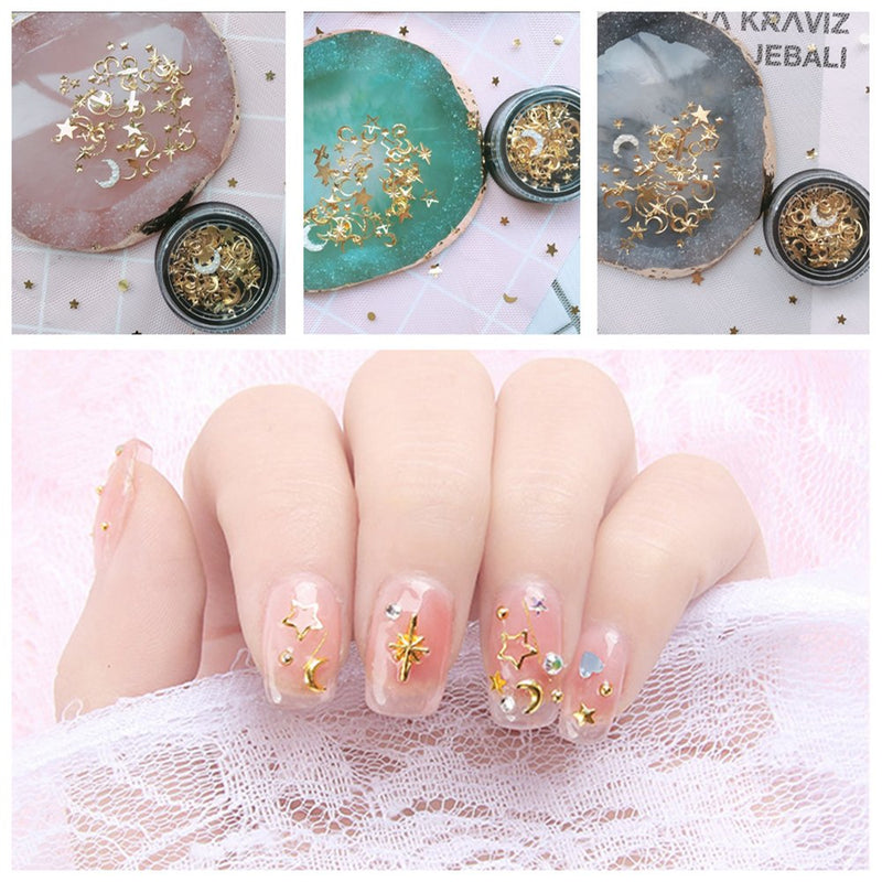 Frenshion 1 Set 3D Hollow Moon Stars Alloy Glitter Rivet Nail Stickers and Gold Silver DIY Nail Art Decoration Line Nail Art Decoration Strip Line Set Kit Perfect for Manicure Pedicure - BeesActive Australia