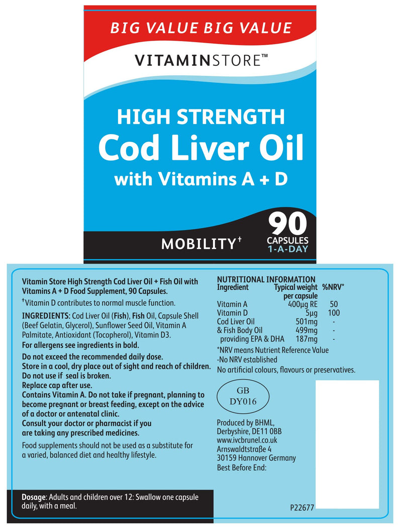 Vitamin Store Cod Liver Oil High Strength 1000mg with Vitamins A & D, 90 Capsules per Tub, Pack of 2 Tubs, 6 Months Supply - BeesActive Australia