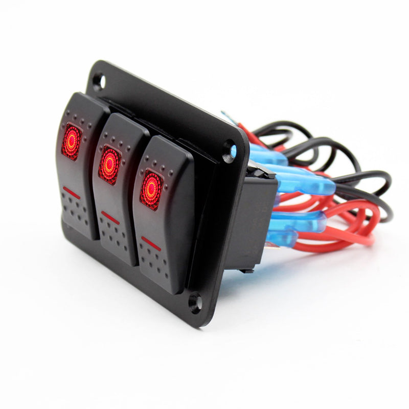 [AUSTRALIA] - FXC Rocker Switch Aluminum Panel 3 Gang Toggle Switches Dash 5 Pin ON/Off 2 LED Backlit for Boat Car Marine Red 