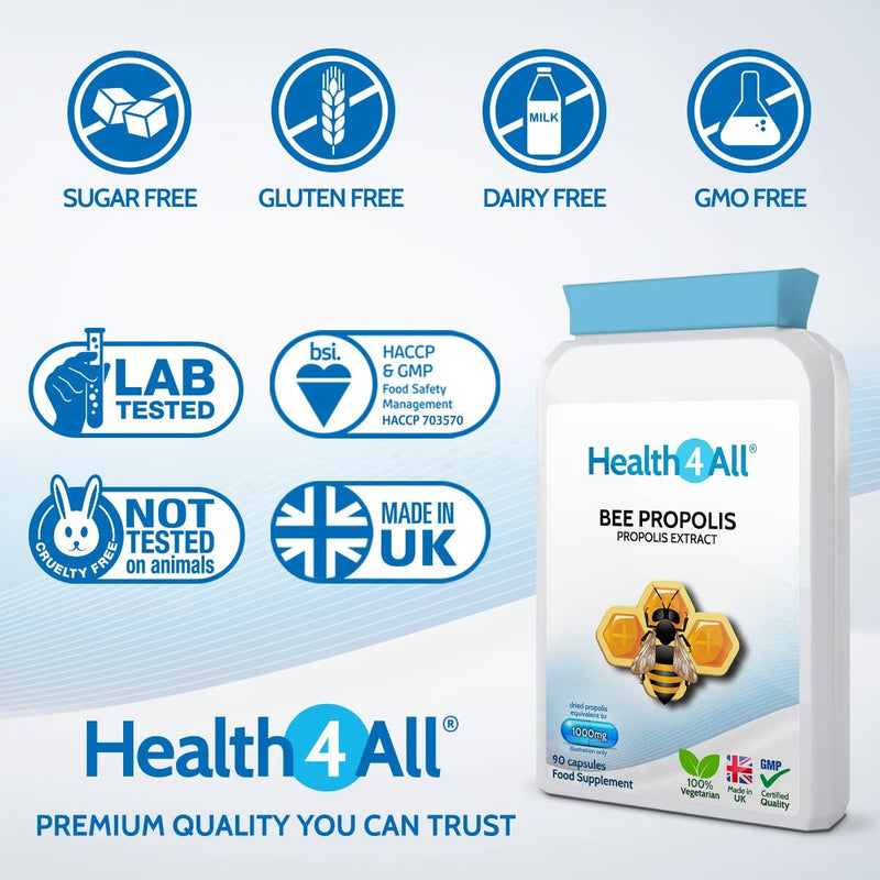 Bee Propolis High Strength 1000mg 90 Capsules (V) Immune System Booster Natural Immune Support Supplement Rich in Functional antioxidants. Made in The UK by Health4All 90 Count (Pack of 1) - BeesActive Australia
