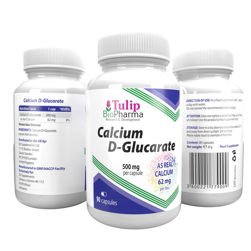 Tulip BioPharma Calcium D-Glucarate 500mg 90 Capsules, 3rd Party lab Tested, High Strength Supplement, No Fillers or Bulkers, Gluten and GMO Free - BeesActive Australia