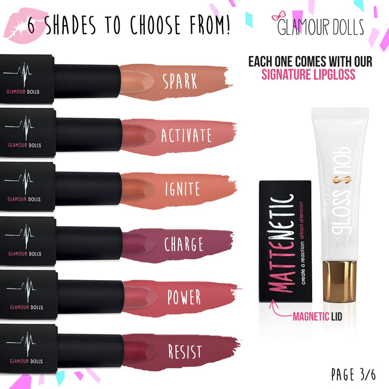 Glamour Dolls Lip Kit - Lipstick Set w/Clear Lip Gloss For Girls - in 6 Mattenetic Colors - 100% Vegan & Cruelty Free Matte Lipstick Set (Resist) Resist - BeesActive Australia