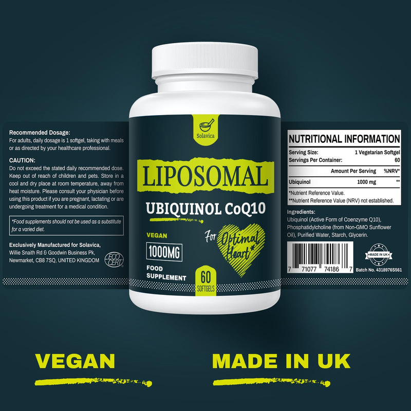 Solavica Liposomal Ubiquinol Vegan CoQ10 1000 mg, High Bioavailability (The Active m of CoQ10), Powerful Antioxidant Heart Health, Beneficial to Statin Users, Non-GMO, 60 Softgels (1PACK) 1PACK - BeesActive Australia