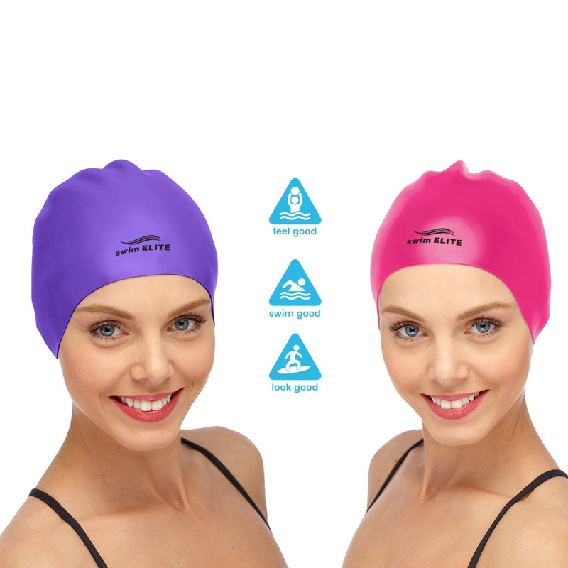 Reversible Silicone Swim Cap, Waterproof 2-in-1 Swimming Caps for Men and Women with Carry Bag, Flexible Adult Swimmers Cap for Short and Medium Length Hair Pink/Purple - BeesActive Australia