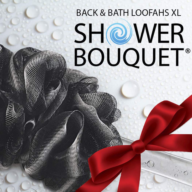 Loofah-Charcoal Back-Scrubber & Bath-Sponges by Shower Bouquet: 1 Long-Handle-Back-Brush Plus 2 Extra Large 75g Soft Mesh Poufs, Men & Women - Exfoliate with Full Pure Cleanse in Bathing Accessories Charcoal Black - BeesActive Australia