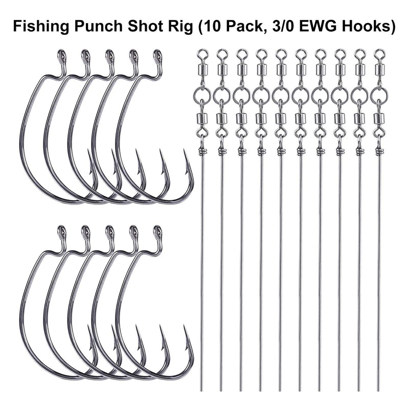 [AUSTRALIA] - PLUSINNO Punch Shot Rig Kit, 10pcs Fishing Hook Kit, Interchangeable Hook Fishing Accessories, Carbon Steel Fishing Gear (10 Pack, 3/0 EWG Hooks) 