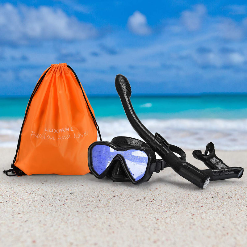 [AUSTRALIA] - LUXPARD Snorkel Set, Anti-Fog Panoramic View Snorkel Mask and Anti-Leak Dry Snorkel Tube, Snorkeling Gear for Adults, Snorkel Kit Bag Included black 