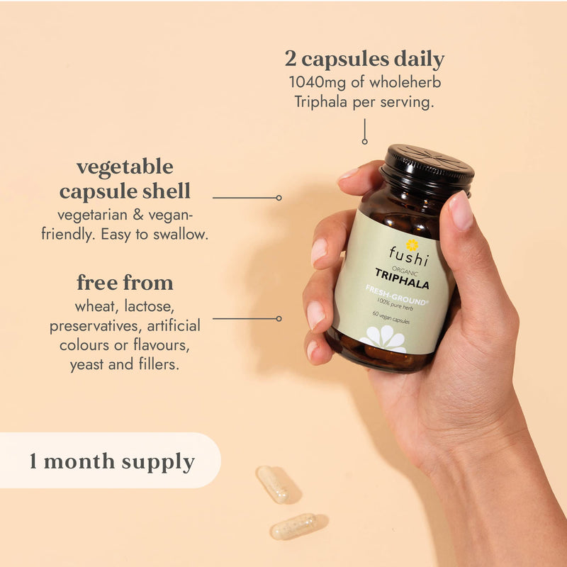Fushi Organic Triphala Capsules, 60 Caps | Fresh-Ground Whole Food | Body Tonic, Cleansing & Detoxifying the system, Regulating Digestive System | Ayurvedic Medicine| Ethical & Vegan |Made in the UK - BeesActive Australia