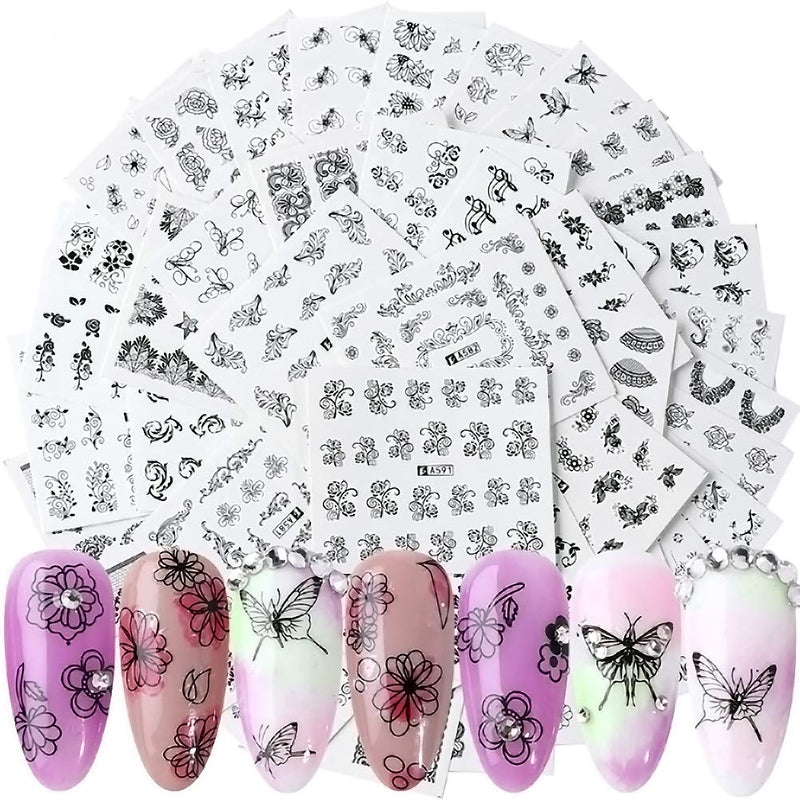 40 Sheets Butterfly Nail Art Stickers Black Butterflies Flower Plant Nail Decal Art Decoration Water Transfer Nail Accessories for Women Nail Art Manicure Transfer Tips Nail Art DIY - BeesActive Australia