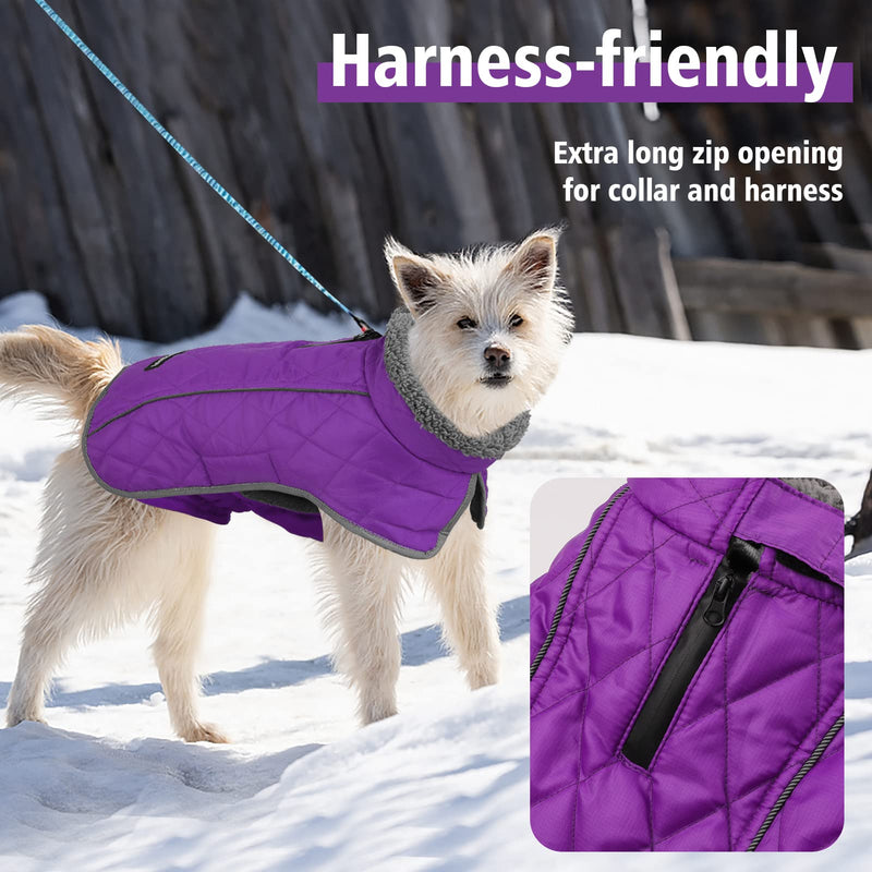 Fragralley Dog Winter Coat Jacket - Reflective Adjustable Windproof Dog Turtleneck Clothes, Doggie Cold Weather Vest, Warm Fleece Lining Puppy Snow Coat for Small Medium Large Dogs Purple - BeesActive Australia