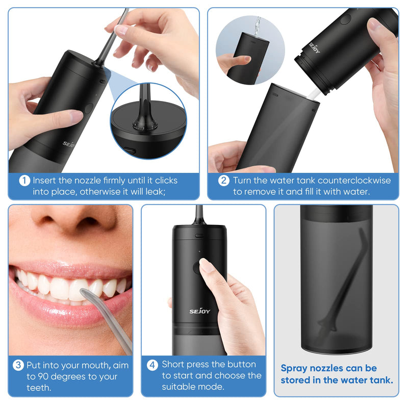 Water Flosser Dental Oral Irrigator Teeth Cleaner Portable Travel Rechargeable Cordless,IPX7 Electric Plaque Remover 3 Modes 3 Jet Tips 140ml Black - BeesActive Australia