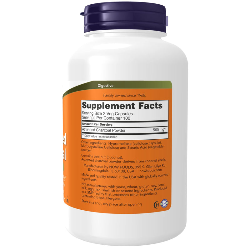 NOW Supplements, Activated Charcoal Made from Coconut Shells, Non-GMO Project Verified, Detox Support*, 200 Veg Capsules - BeesActive Australia