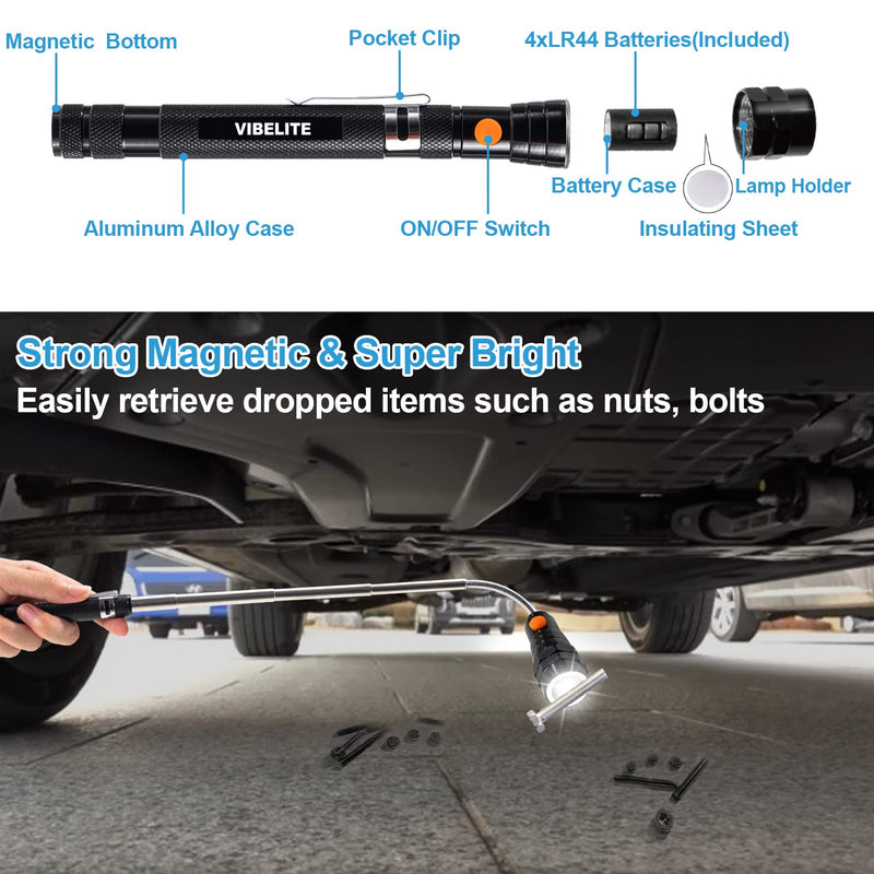 VIBELITE Magnet 3 LED Magnetic Pickup Tool, Telescoping Flexible Extendable Led Flashlights, Perfect Mechanic Pick-up Tools Gifts for Men Dad Women, Birthday Gifts for Him, 1 Pack Magnetic Tool - BeesActive Australia