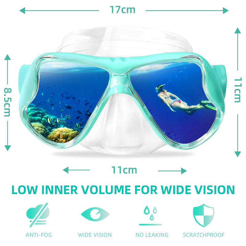 Keary Swimming Goggles Snorkel Diving Mask for Adult Men Women Youth, Anti-Fog 180°Clear View Swim Goggles with Nose Cover Green - BeesActive Australia