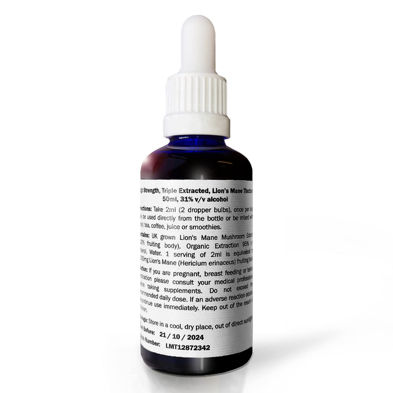 MycoMagic Lion's Mane Mushroom, High Strength Triple Extracted Tincture, 1 x 50ml Dropper Bottle, Grown and Manufactured in The UK - BeesActive Australia
