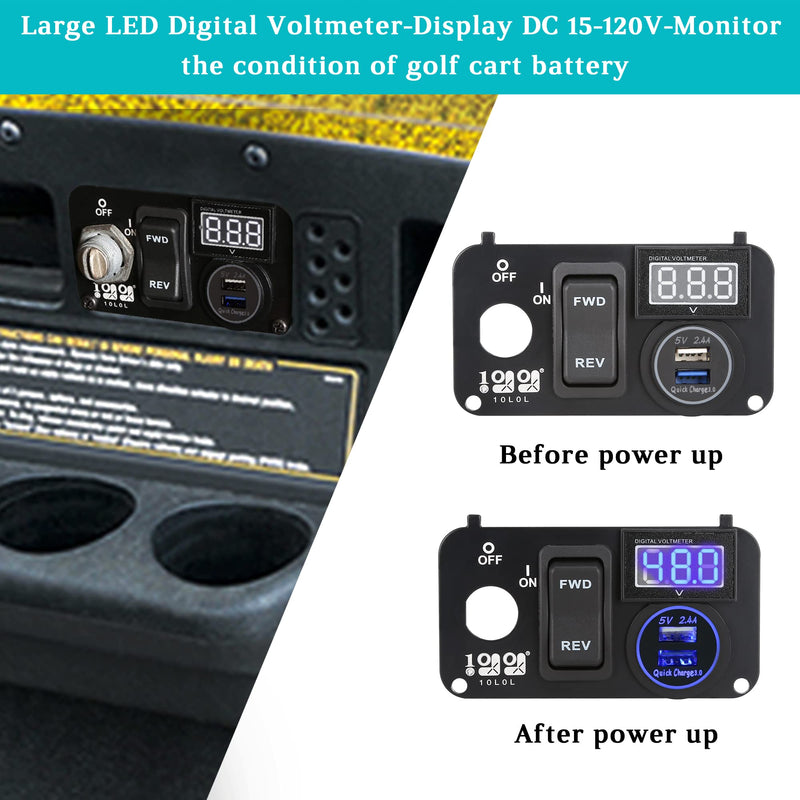 10L0L Golf Cart Key Switch Console Plate Panel for EZGO TXT PDS 2003-up Electric, Equipted Forward Reverse Switch & LED Digital Voltmeter & 12V 3.0 Fast Charger Dual USB Socket - BeesActive Australia